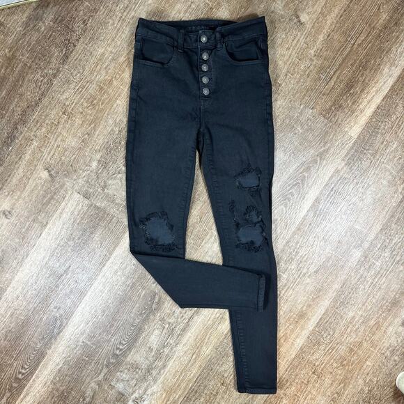 American Eagle Black Distressed Button Fly super hi-rise jegging Jeans - Picture 1 of 8